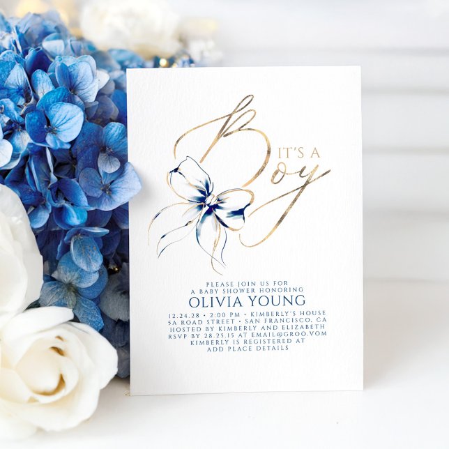 Navyblå och guld Bow Boy Baby Shower Inbjudningar (Navy Blue And Gold Bow It's A Boy Baby Shower Invitation)