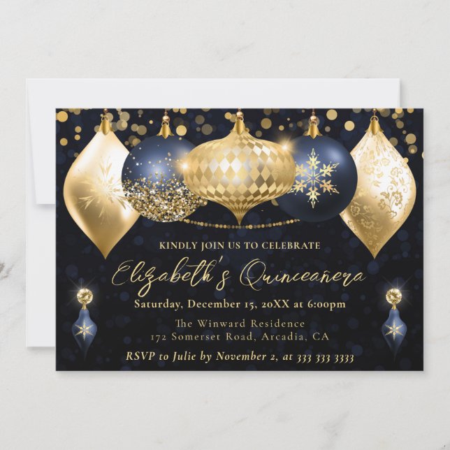 Navyblå och Guld Julkulor Quinceanera Inbjudningar (Framsida)