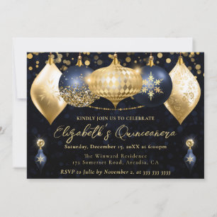 Navyblå och Guld Julkulor Quinceanera Inbjudningar