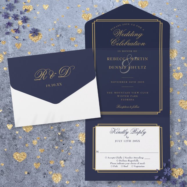 Navyblå Och Guld Klassisk Deco Monogram Bröllop (Navy Blue And Gold Classic Deco Monogram Wedding All In One Invitation)