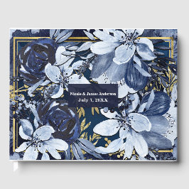 Navyblå och guld Modern akvarellblomma Bröllop Gästböcker