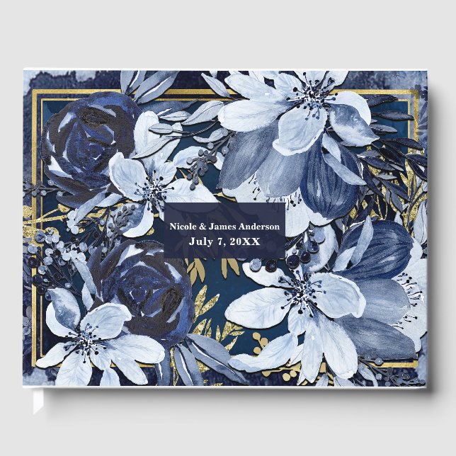 Navyblå och guld Modern akvarellblomma Bröllop Gästböcker (Framsida)