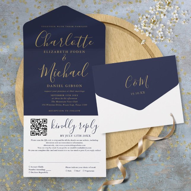 Navyblå och guld modernt script QR-kod bröllop (Navy Blue And Gold Modern Script QR Code Wedding All In One Invitation)