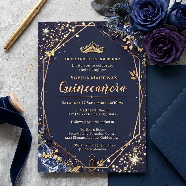 Navyblå och guld Quinceanera-inbjudan Inbjudningar (Skapare uppladdad)