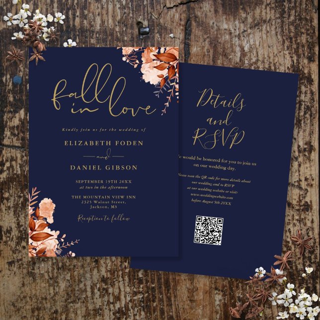 Navyblå och guld rustik blomster QR-kod bröllop Inbjudningar (Navy Blue And Gold Rustic Floral QR Code Wedding Invitation)