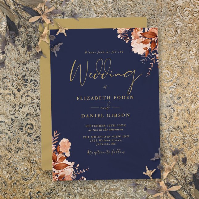 Navyblå och guld rustik blomsterbröllop inbjudningar (Navy Blue And Gold Rustic Floral Wedding Invitation)