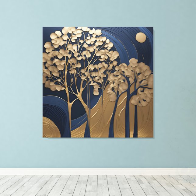 Navyblå och guld Träd Canvas Väggkonst, Lyx  (Insitu (trägolv))