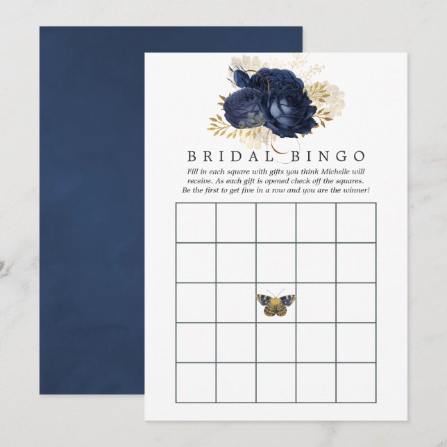 Navyblå och guld vintage bröllopsduschbingo inbjudningar (Fram/baksida)