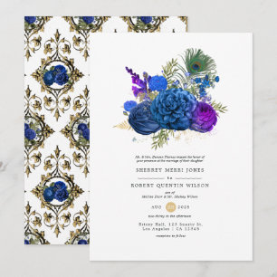 Navyblå och guld vintage påfågel blommande bröllop inbjudningar