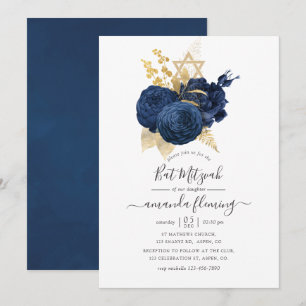 Navyblå och guld Vintage Rose Bar Mitzvah Inbjudningar