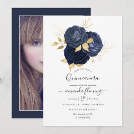 Navyblå och guld Vintage Rose Quinceañera Foto Inbjudningar