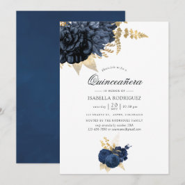 Navyblå och guld Vintage Rose Quinceañera Inbjudningar