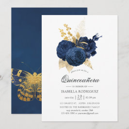 Navyblå och guld Vintage Rose Quinceañera Inbjudningar