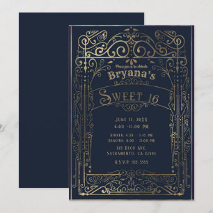 Navyblå och guld Vintage Victorian Deco Sweet 16 Inbjudningar