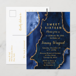 Navyblå och guldaktig Agate-marmor Sweet Sixteen Vykort