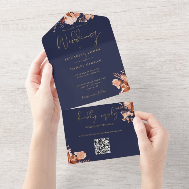 Navyblå och guldblommig QR-kod Höstbröllop (Avrivbar del)