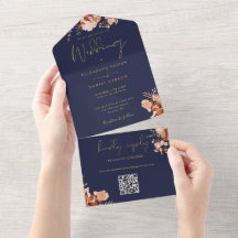 Navyblå och guldblommig QR-kod Höstbröllop
