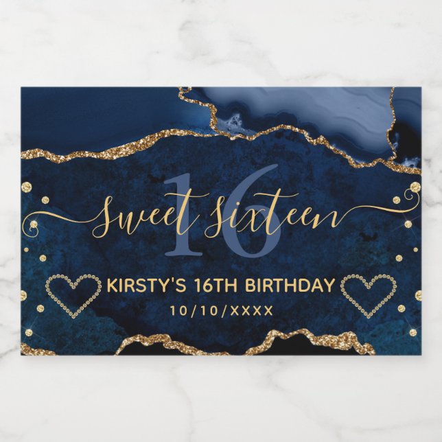 Navyblå och guldglittrande Agate-marmor Sweet 16 (Enkel etikett)