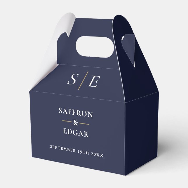 Navyblå och guldmonogrambröllop presentaskar (Framsidan Sidan)