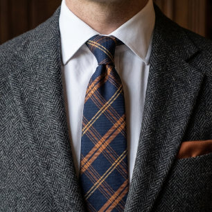 Navyblå och Kopparfärgad Tartanrutig Vintage Slips