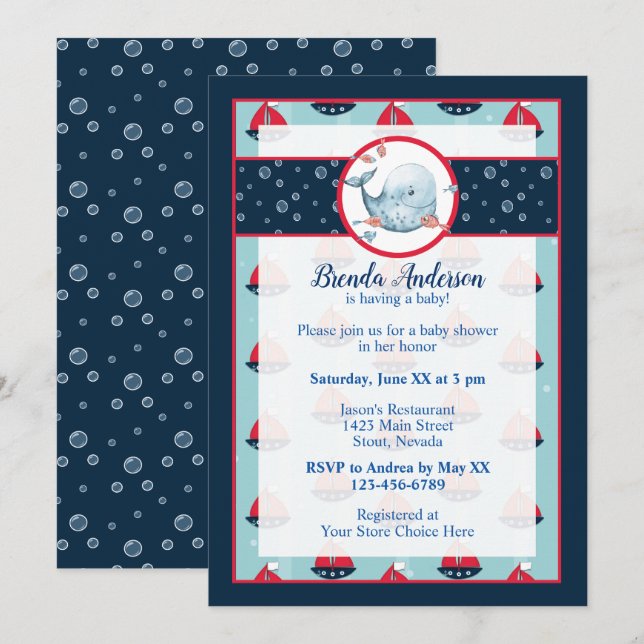 Navyblå och röd nautisk pojkbabyshower  inbjudningar (Fram/baksida)