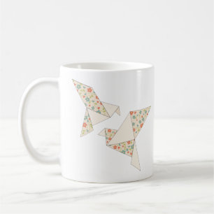 Navyblå och Rosa Akvarell Blommig Origami Fåglar Kaffemugg
