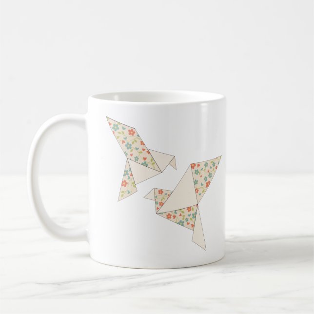Navyblå och Rosa Akvarell Blommig Origami Fåglar Kaffemugg (Vänster)