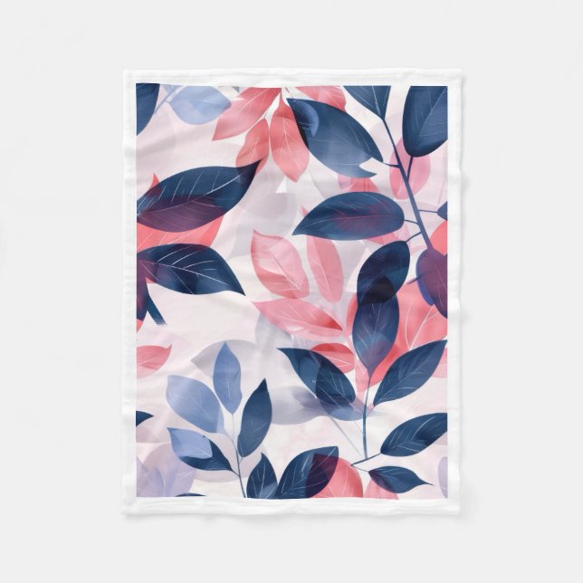 Navyblå och rosa bladsmönster Flygtäcke Fleecefilt (Framsidan)
