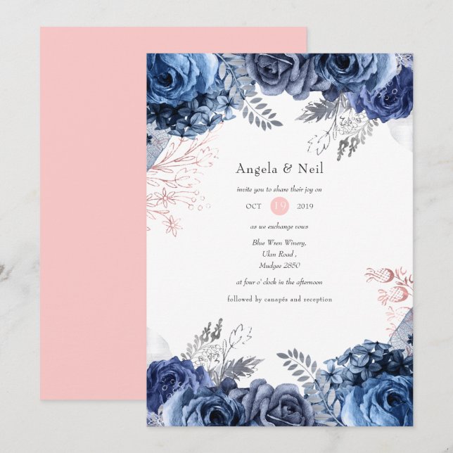 Navyblå och Rosa med Silverfolie Blommig Bröllop Inbjudningar (Fram/baksida)