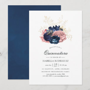 Navyblå och rosablommiga vintage rosor Quinceañera Inbjudningar