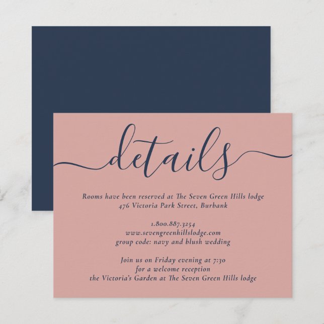 Navyblå och rosafärgad modernt skrivet bröllop tilläggskort (Fram/baksida)