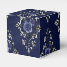 Navyblå och silver viktoriansk blomsterdamask