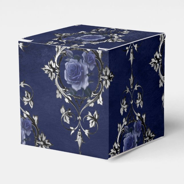 Navyblå och silver viktoriansk blomsterdamask presentaskar (Framsidan Sidan)