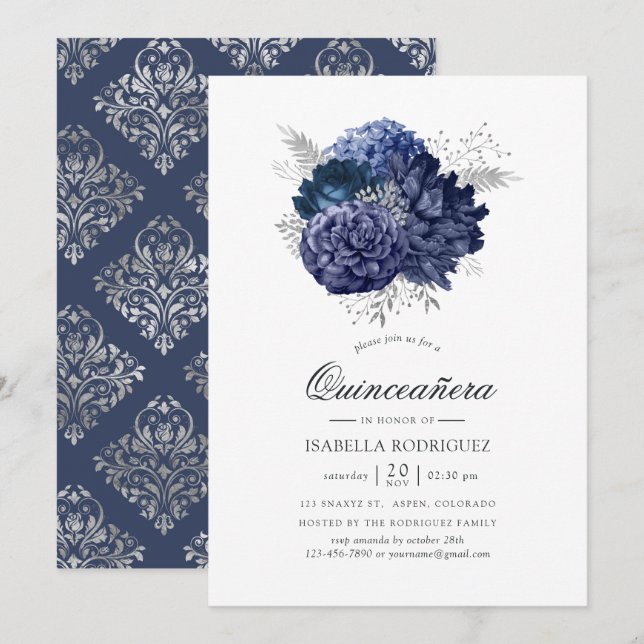 Navyblå och silver Vintage Rose Quinceañera Inbjudningar (Fram/baksida)