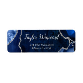 Navyblå och silverfärgad Agat-marmor Födelsedagsfe Returadress Etikett