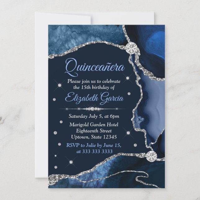 Navyblå och silverglitter Agate Quinceanera Inbjudningar (Framsida)