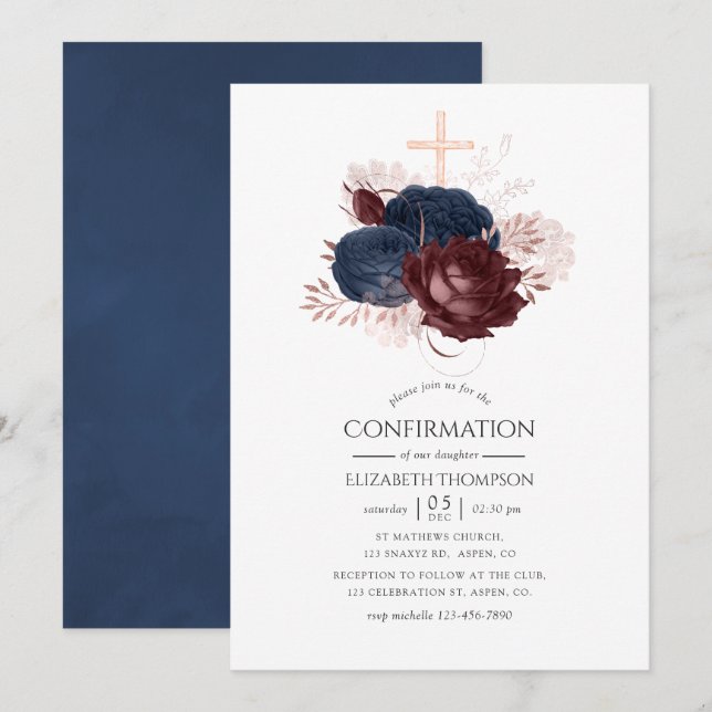 Navyblå och vinröda blommig konfirmation inbjudningar (Fram/baksida)