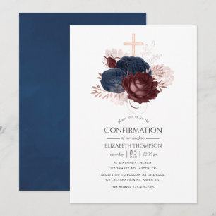Navyblå och vinröda blommig konfirmation inbjudningar