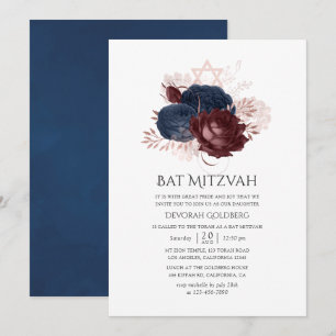 Navyblå och vinröda blommor Bat Mitzvah Inbjudningar