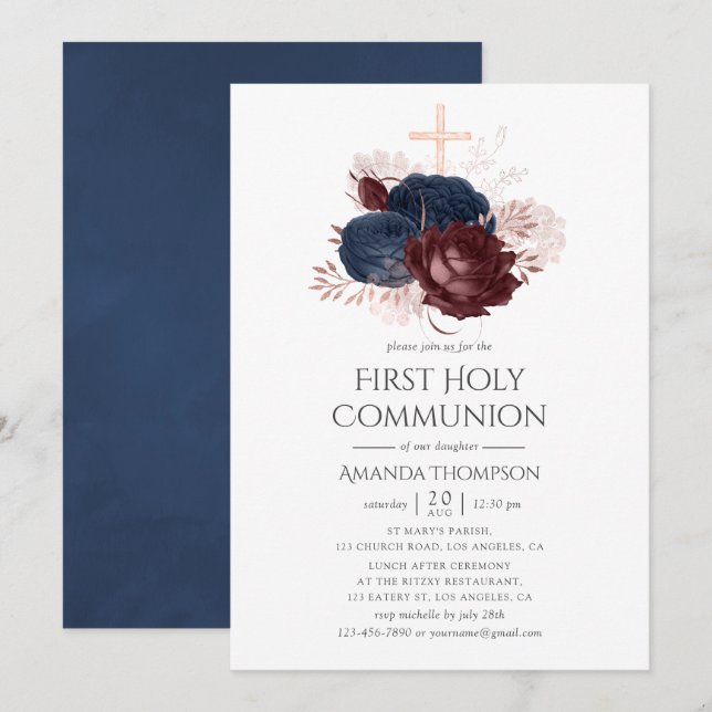 Navyblå och vinröda blommor första kommunion inbjudningar (Fram/baksida)