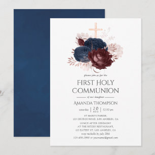 Navyblå och vinröda blommor första kommunion inbjudningar