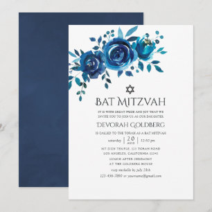 Navyblå och vit akvarellblommig Bat Mitzvah Inbjudningar
