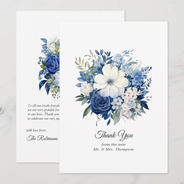 Navyblå och vit blombröllop tack kort (Fram/baksida)