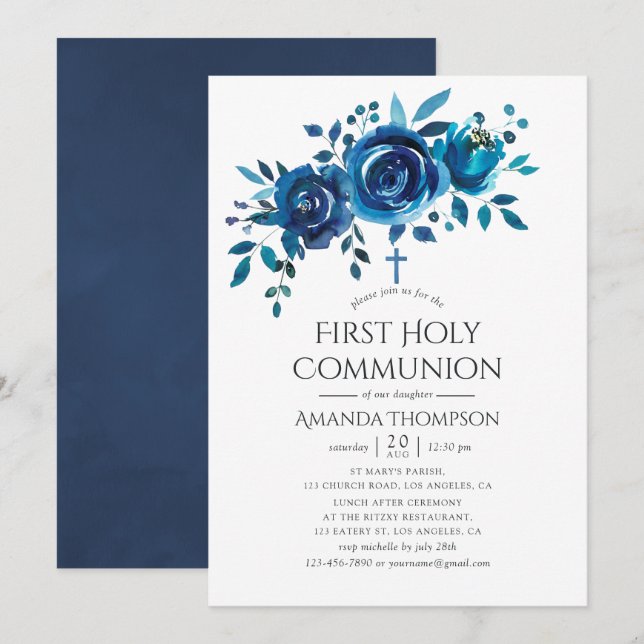 Navyblå och vit blomstermönstrad Första kommunion Inbjudningar (Fram/baksida)