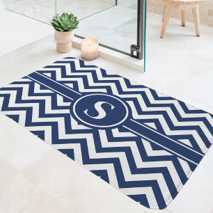 Navyblå och vit Chevron-monogram Badrumsmatta
