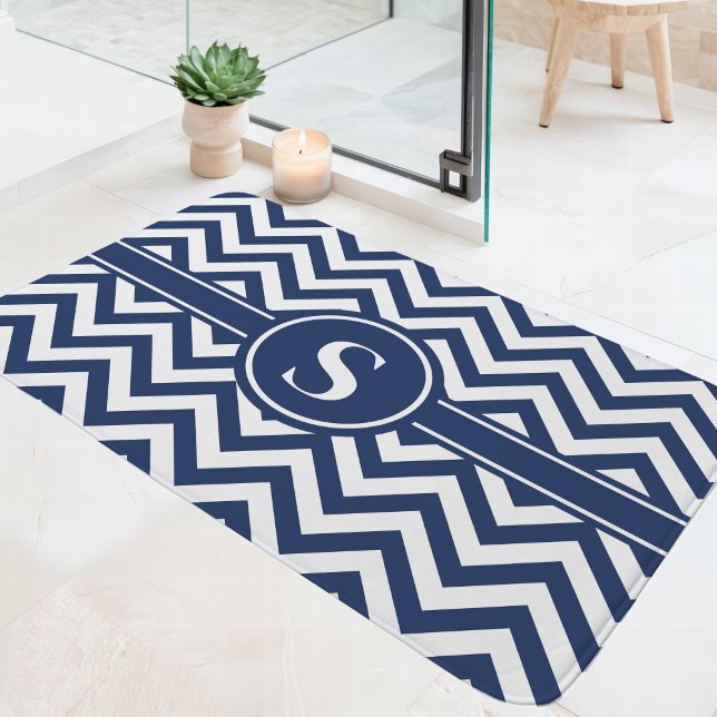 Navyblå och vit Chevron-monogram Badrumsmatta (Skapare uppladdad)