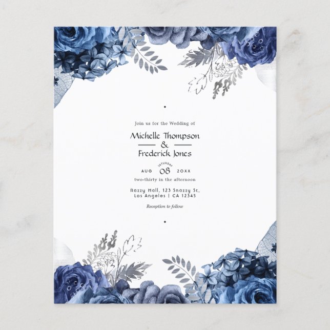 Navyblå och vit med silverfolieblommor bröllop flygblad (Framsidan)