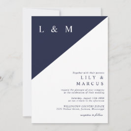 Navyblå och vit minimalistisk monogrambröllop inbjudningar