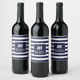Navyblå och vit randig monogram vinflaska etikett