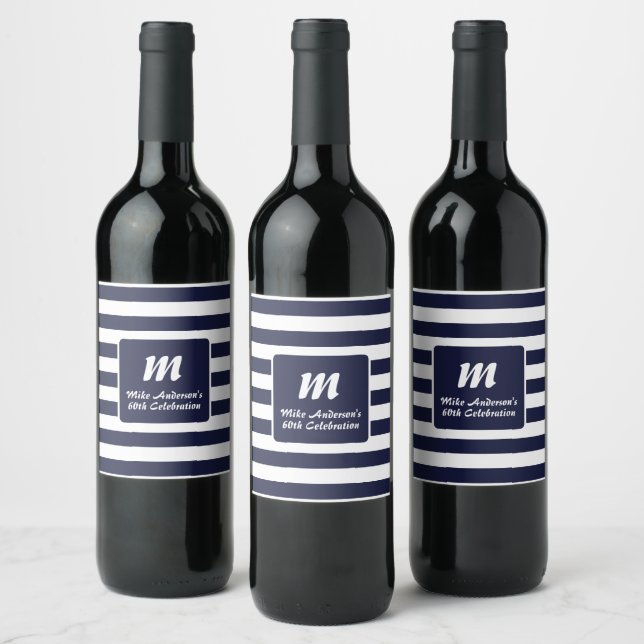 Navyblå och vit randig monogram vinflaska etikett (Flaskor)